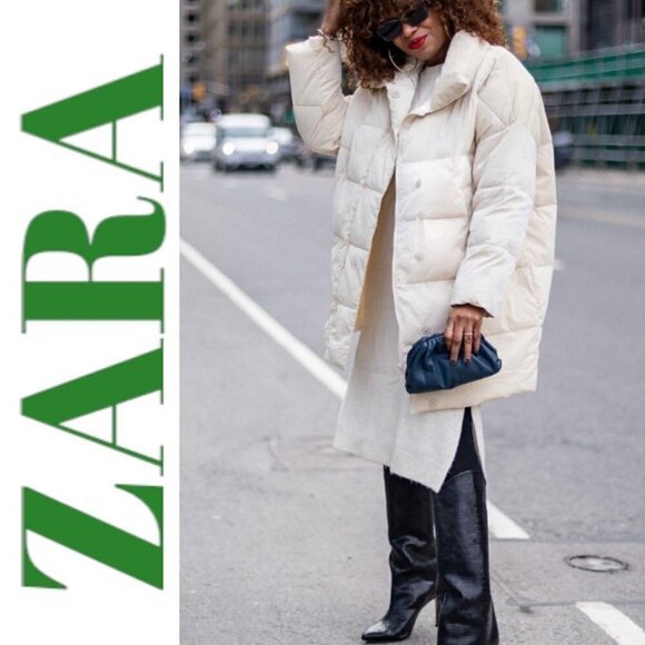ZARA Mid Length Oversized Cocoon Puffer Coat Cream Water Resistant, Size Large - Picture 8 of 16